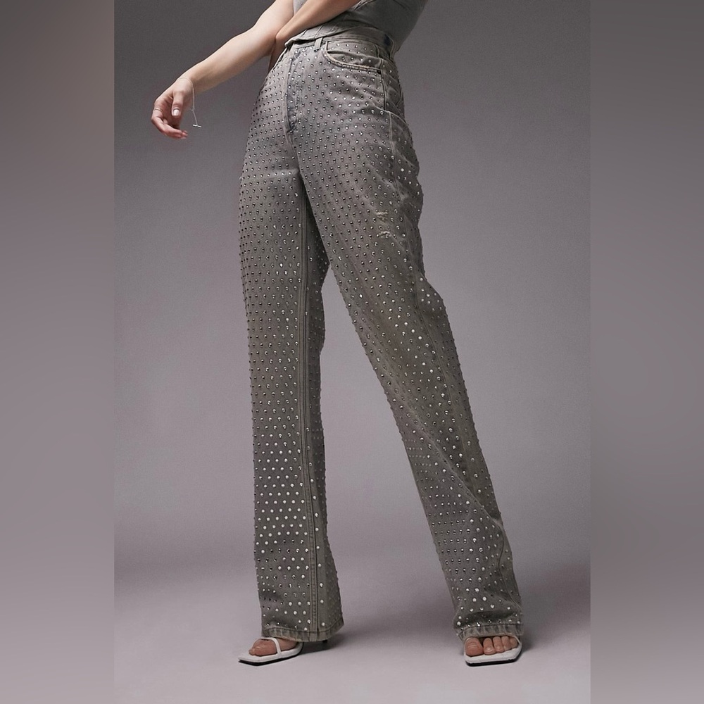 TOPSHOP Kort Rhinestone Straight Leg Jeans